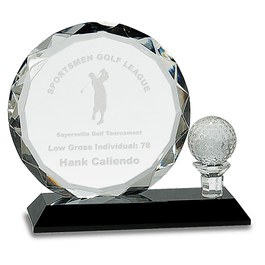 6 1/2" Round Facet Crystal with Golf Ball on Black Pedestal Base