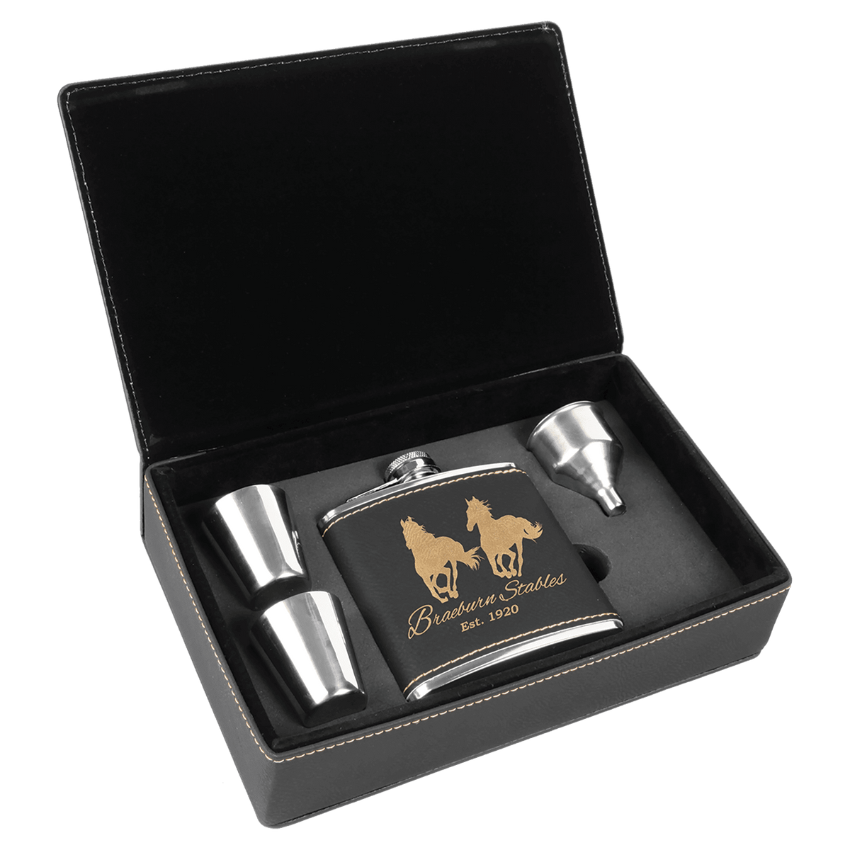 Black/Gold 6 oz. Laserable Leatherette Flask Gift Set