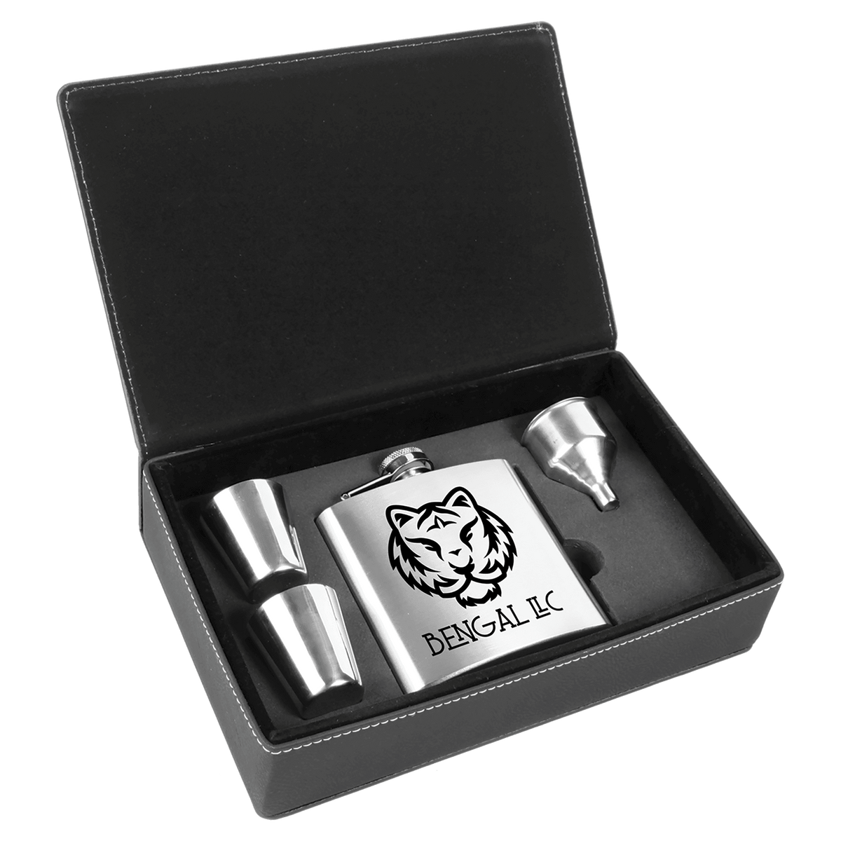 Stainless Steel Black Silver 6 oz. Laserable Leatherette Box