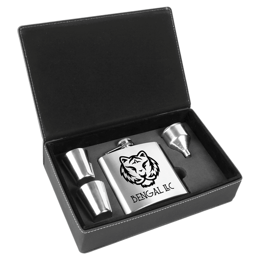 Stainless Steel Black Silver 6 oz. Laserable Leatherette Box
