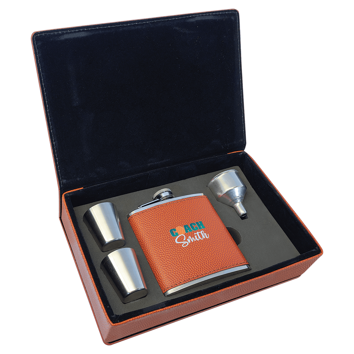 Basketball 6 oz. Laserable Leatherette Flask Gift Set