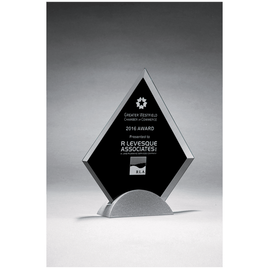6 1/4" x 7 3/8" Diamond Shaped Glass Award, Black Silkscreen on Silver Metal Base