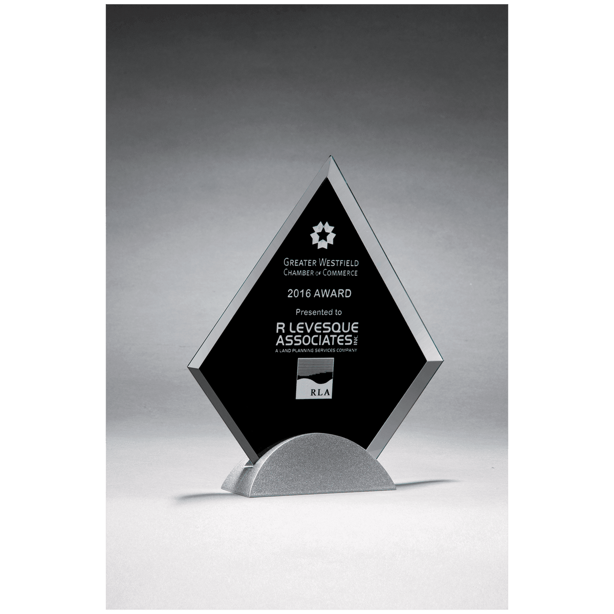 8" x 9" Diamond Shaped Glass Award, Black Silkscreen on Silver Metal Base
