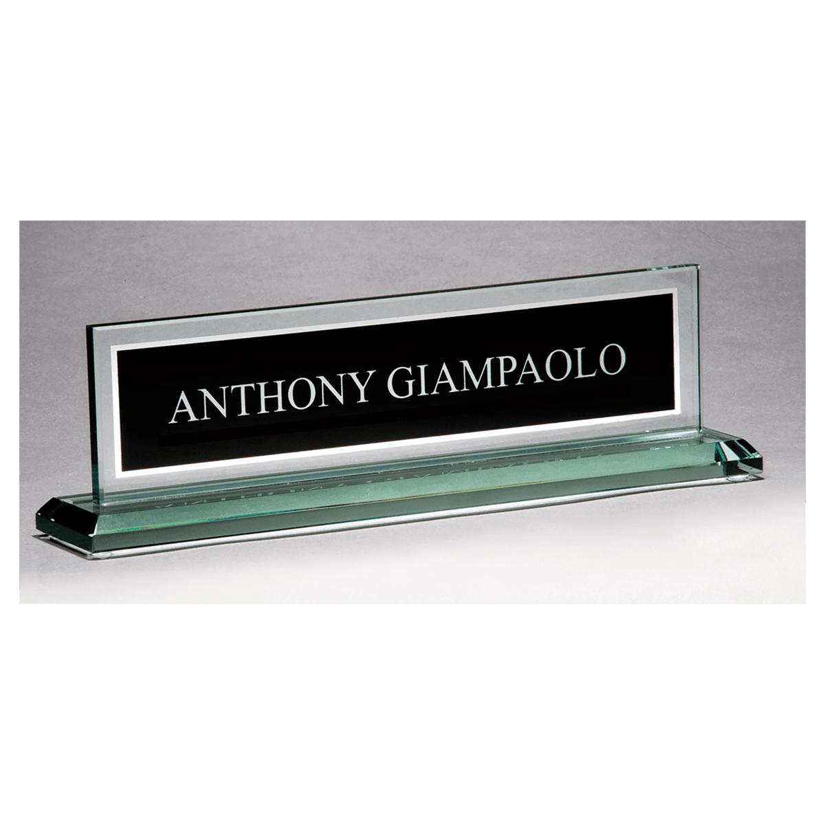 10" x 2 3/4" Glass Name Plate w/Black Silkscreened Engraving Area, Mirror Border
