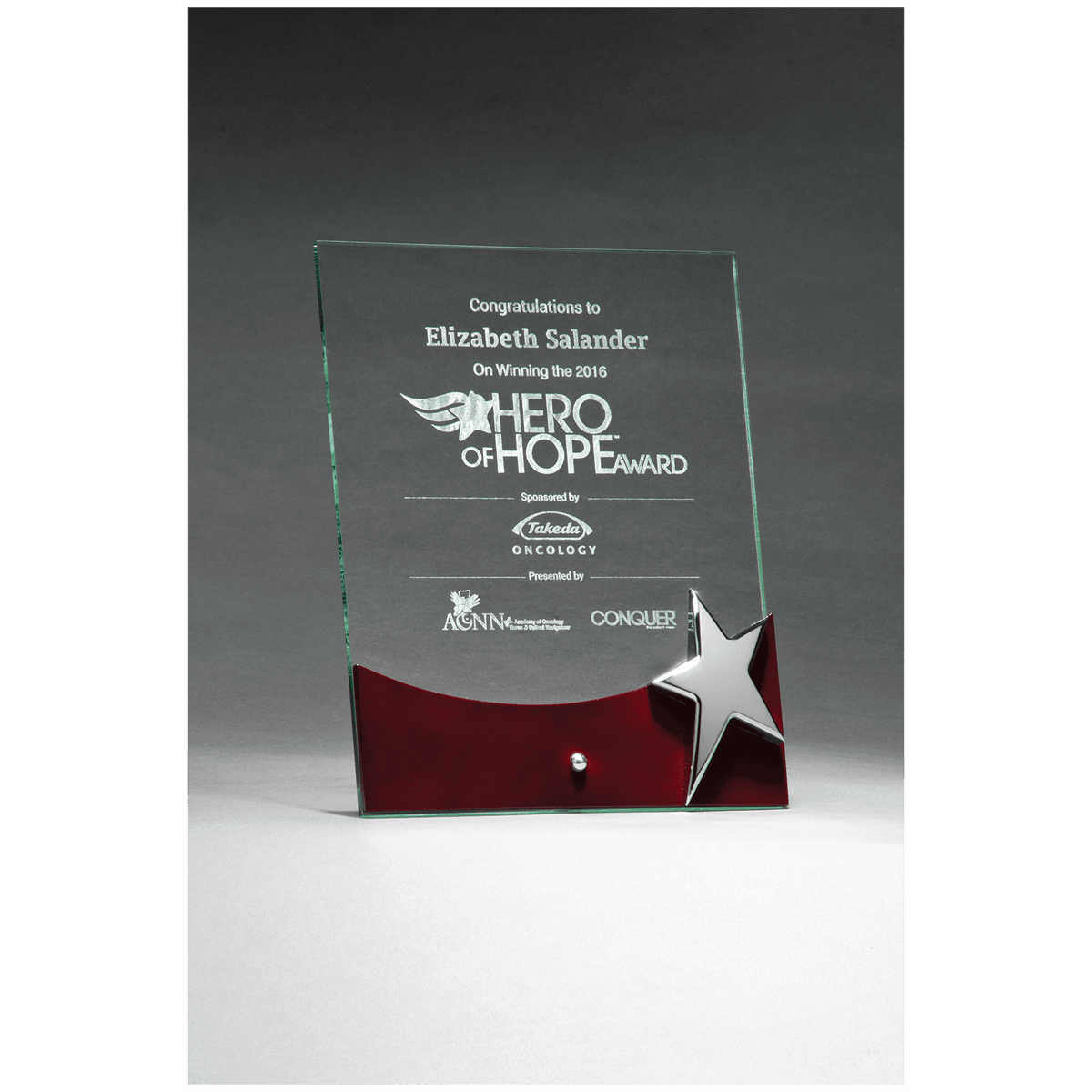 8" x 10" Freestanding Glass Award with High Gloss Rosewood Accent and Silver Star