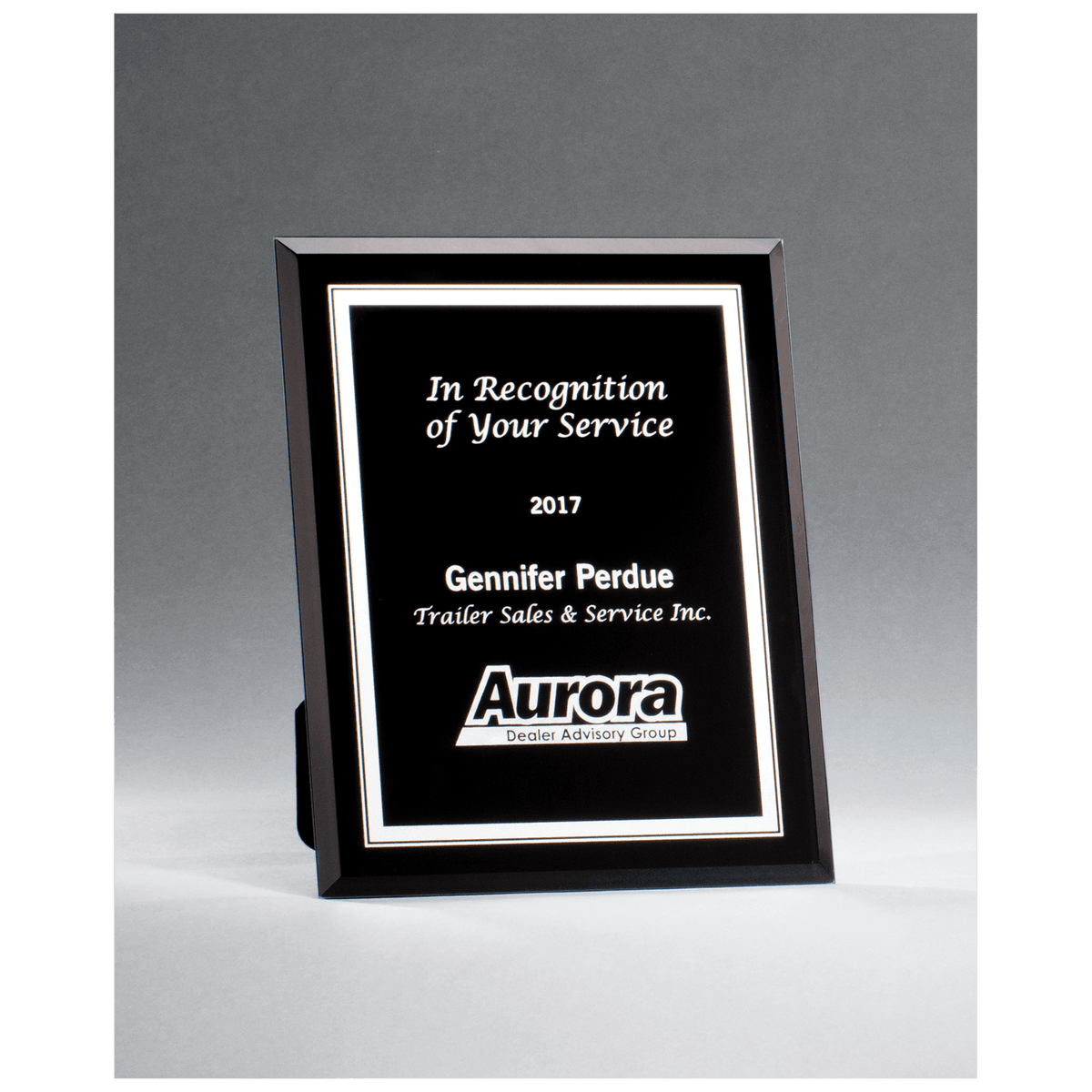 Black Glass Plaque with Silver 7" x 9" Border and Easel Back