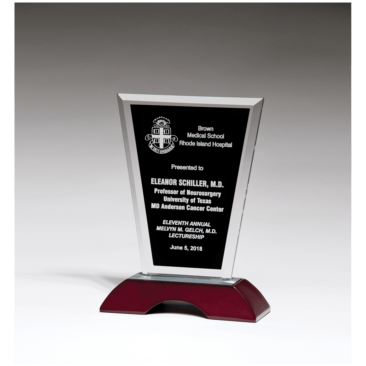 6" x 8" Black Silkscreened Clear Glass with High Gloss Rosewood Base