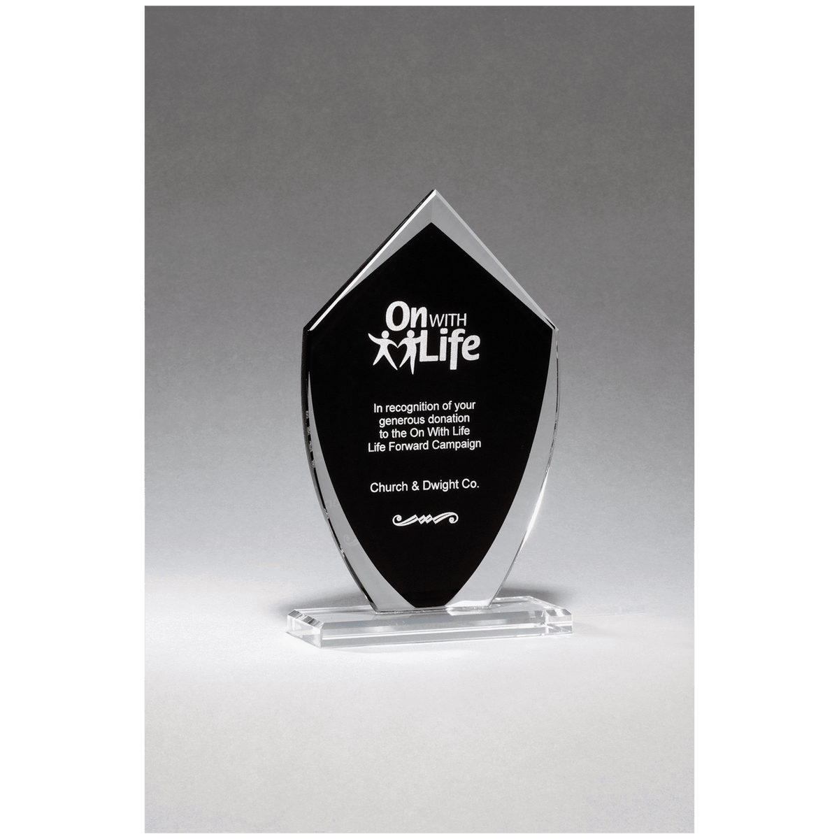 5 1/2" x 9 1/4" Shield Shaped Glass Award with Black Silkscreened Center