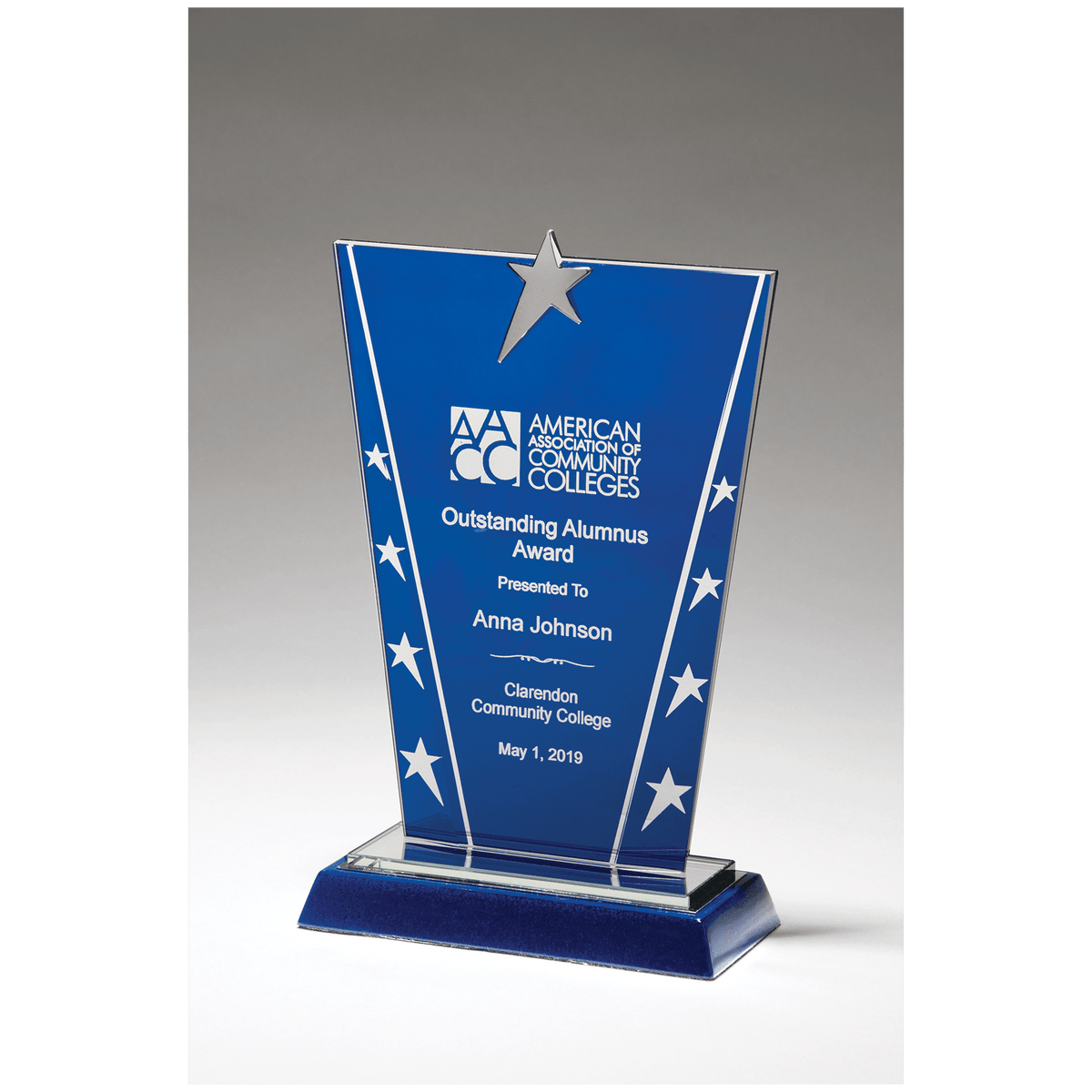 6 3/8" x 8 5/8" Constellation Series Glass Award with Blue Background with Chrome Plated Star
