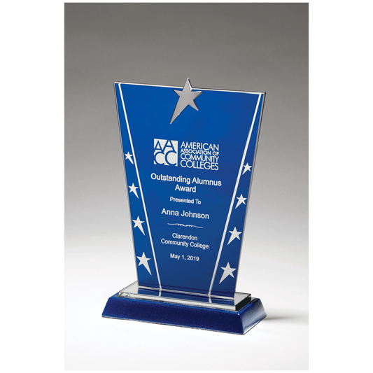 6 3/8" x 9 5/8" Constellation Series Glass Award with Blue Background with Chrome Plated Star