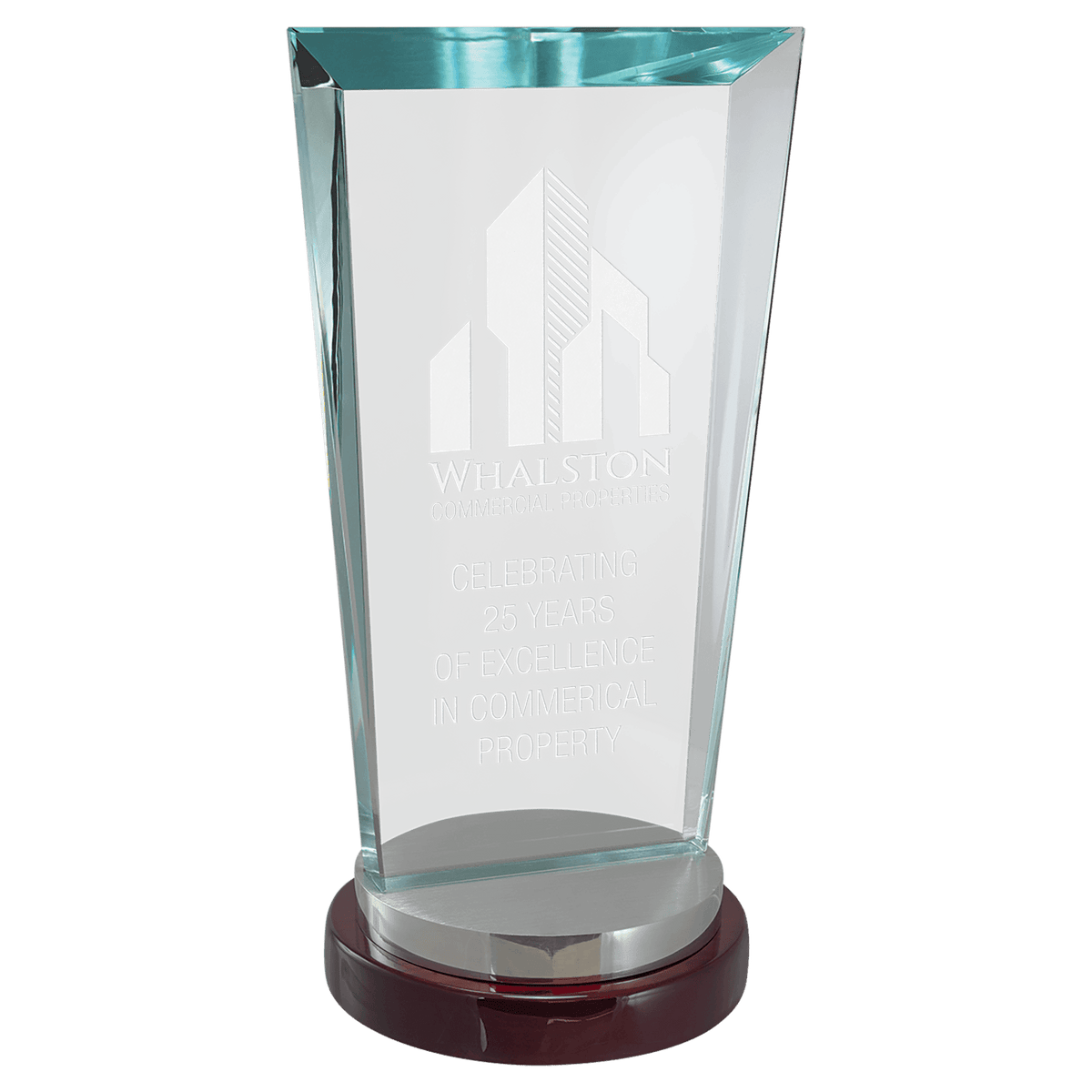 4 1/4" x 9" Premium Series Clear Glass Award with Rosewood and Aluminum Base