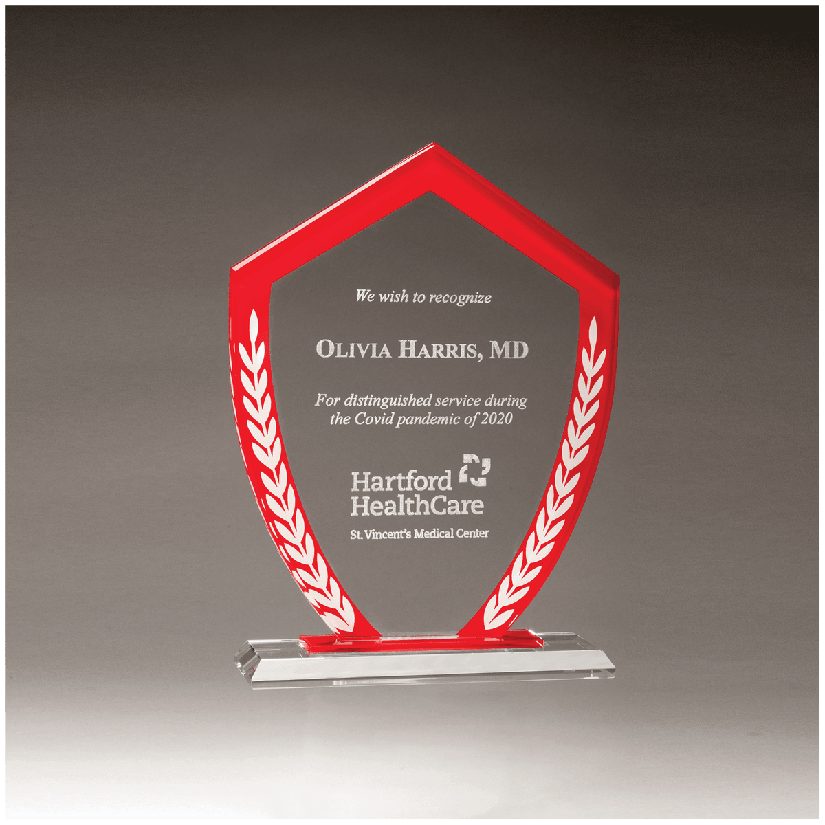5 7/8" x 8 1/8" Shield Shaped Glass Award with Red Border and White Laurel Leaves