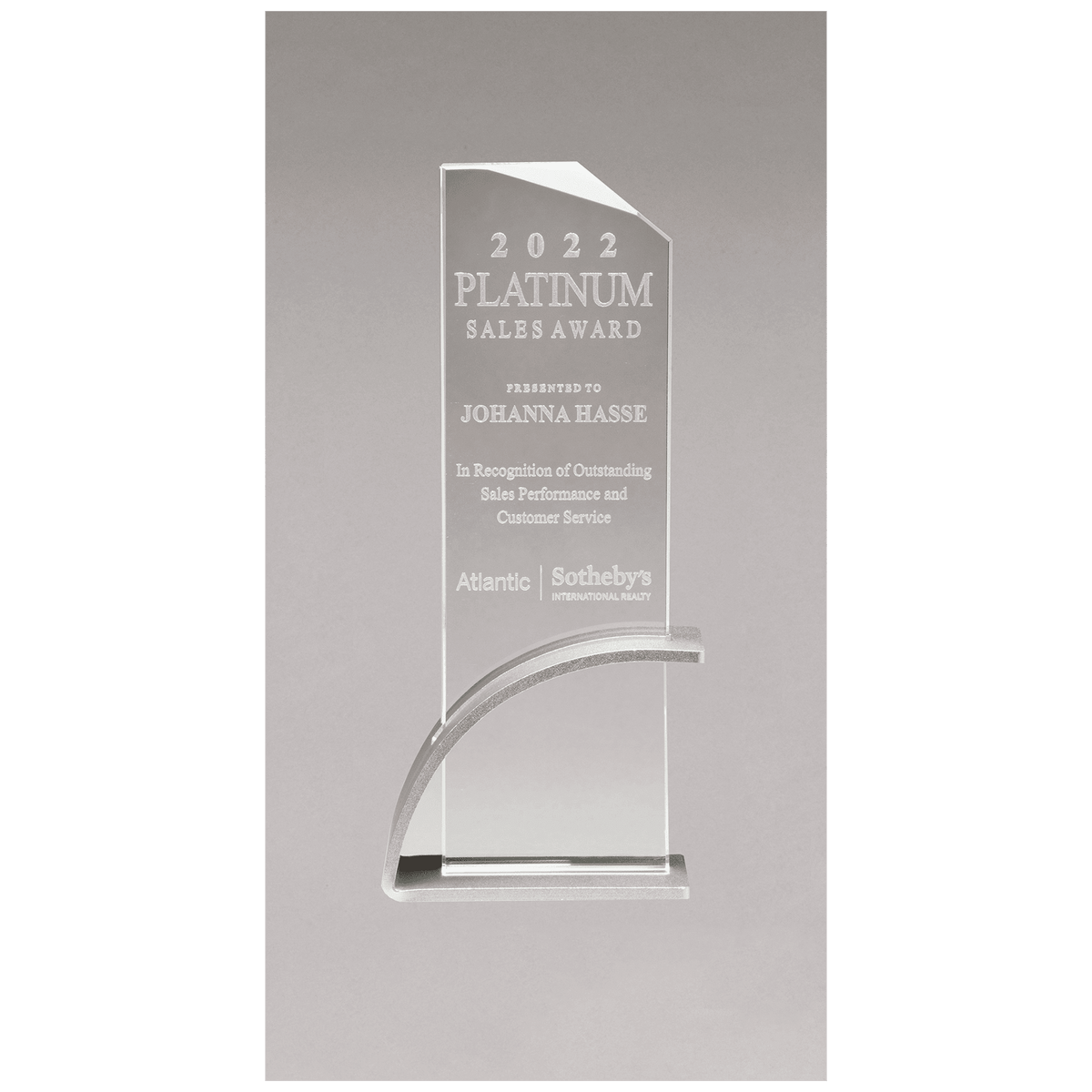 8 7/8" x 9 3/8" x 1/2" Thick Silver Contemporary Clear Glass Award, Arched Base with Matte Metallic Finish