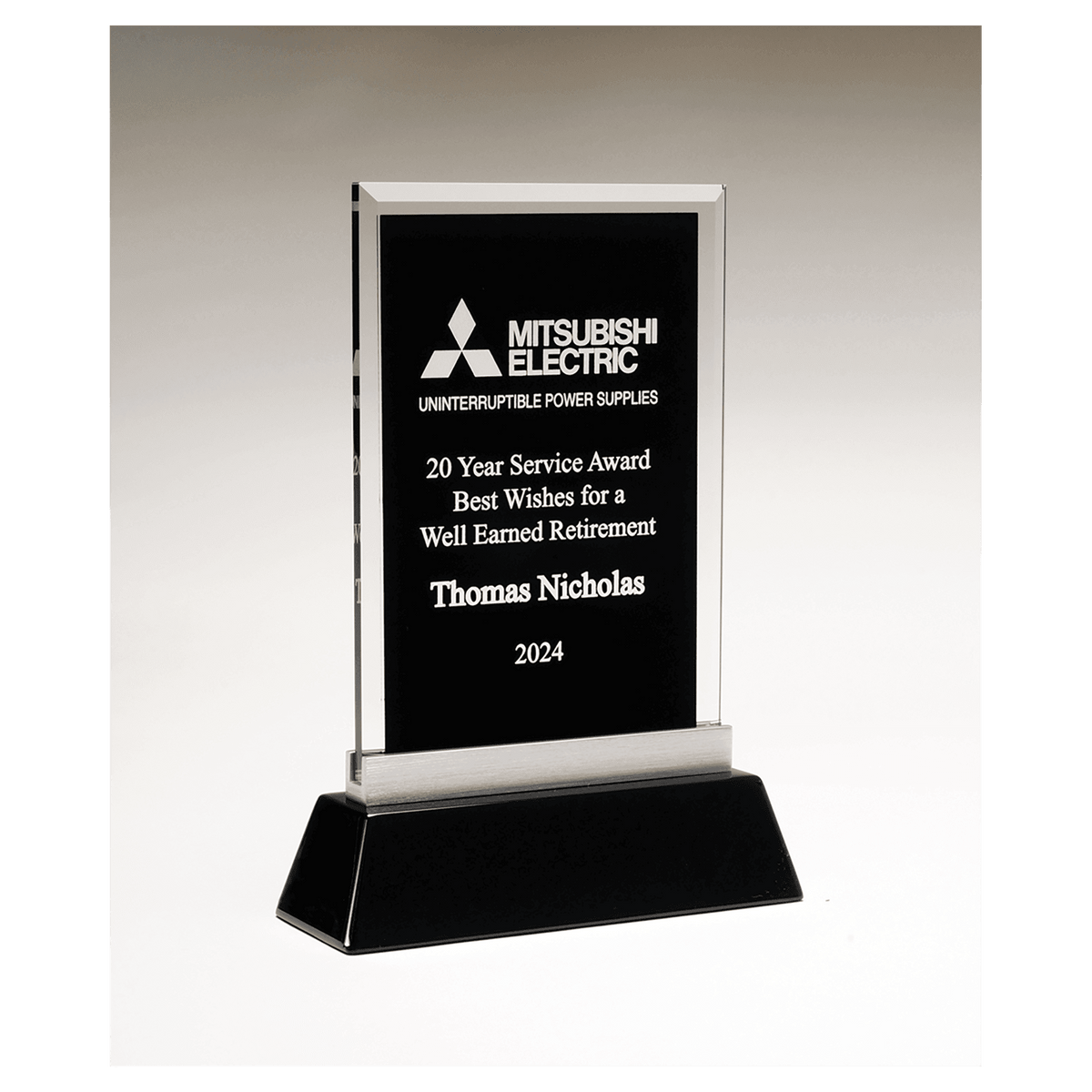 5 1/4" x 8 7/8" Rectangular Black Silkscreened Glass Award with Black Piano Finish Base