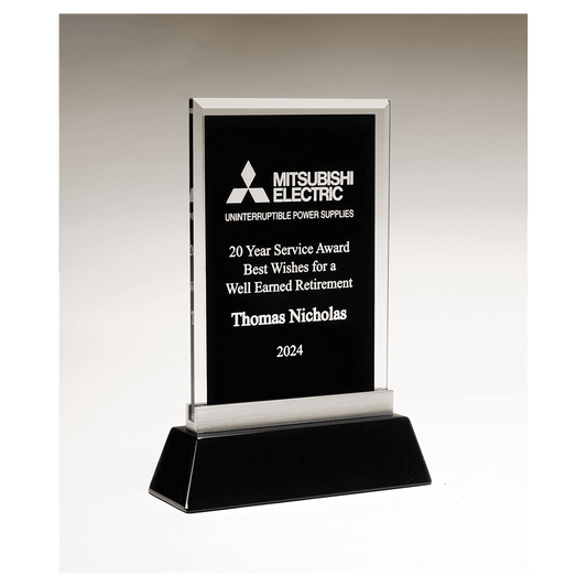 7 1/4" x 9 7/8" Rectangular Black Silkscreened Glass Award with Black Piano Finish Base