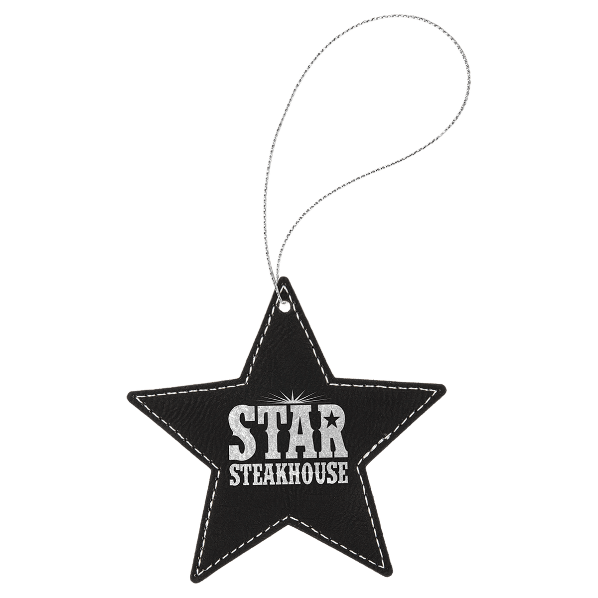 Black/Silver Silver Laserable Leatherette Star Ornament with String