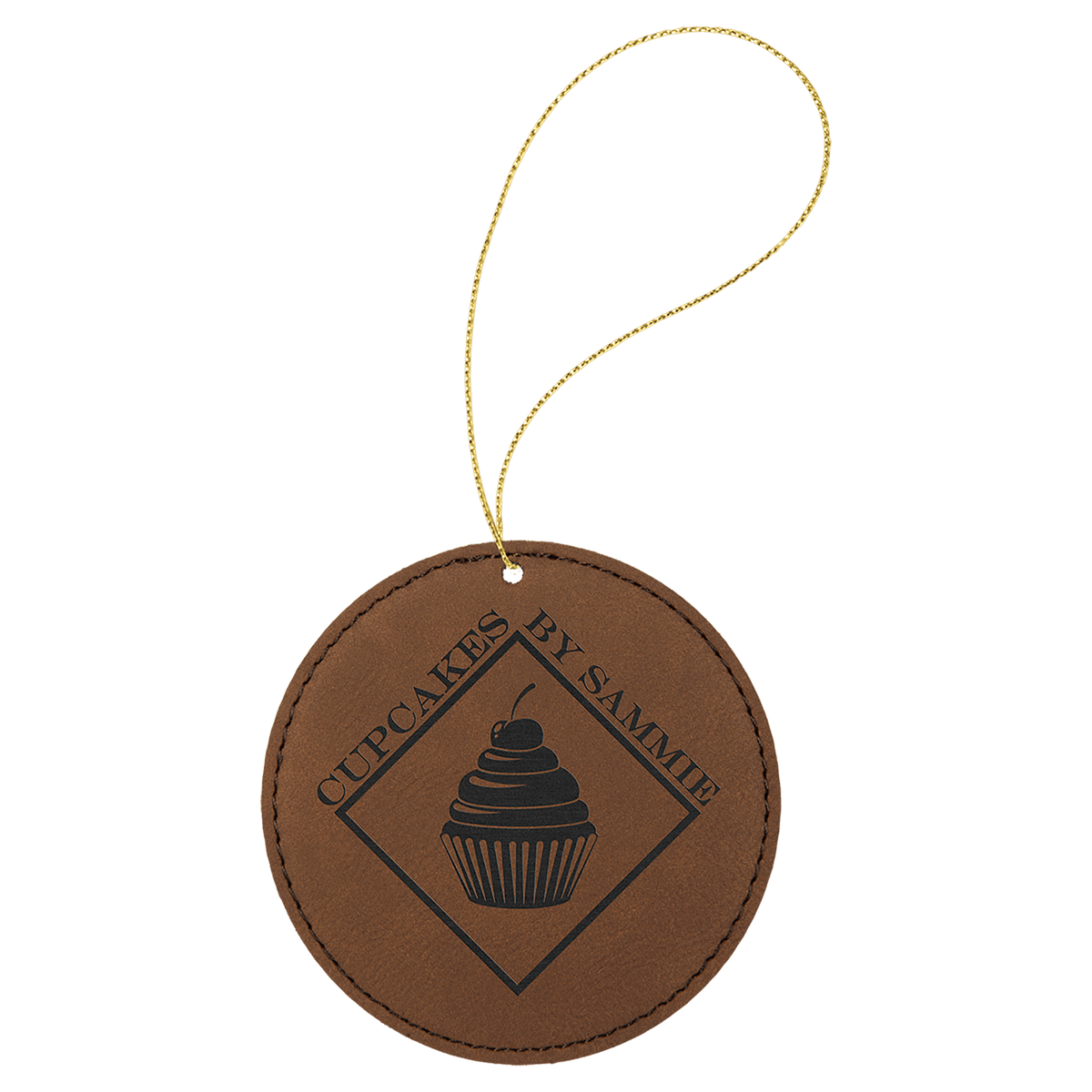 Dark Brown Gold Laserable Leatherette Round Ornament with String