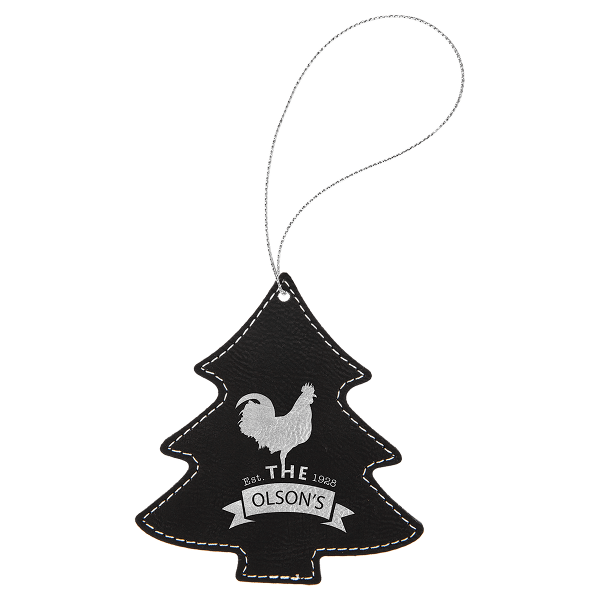 Black/Silver Silver Laserable Leatherette Tree Ornament with String