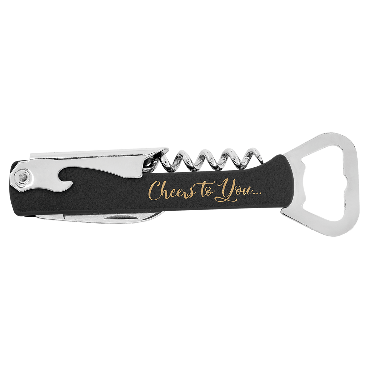 Black/Gold Laserable Leatherette Wine Bottle Opener