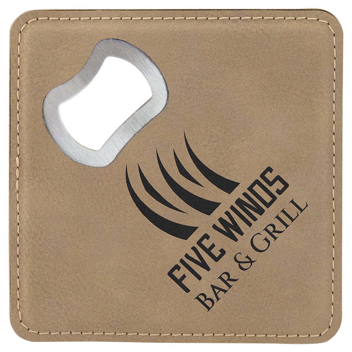 Light Brown 4" x 4" Square Laserable Leatherette Coaster with Bottle Opener