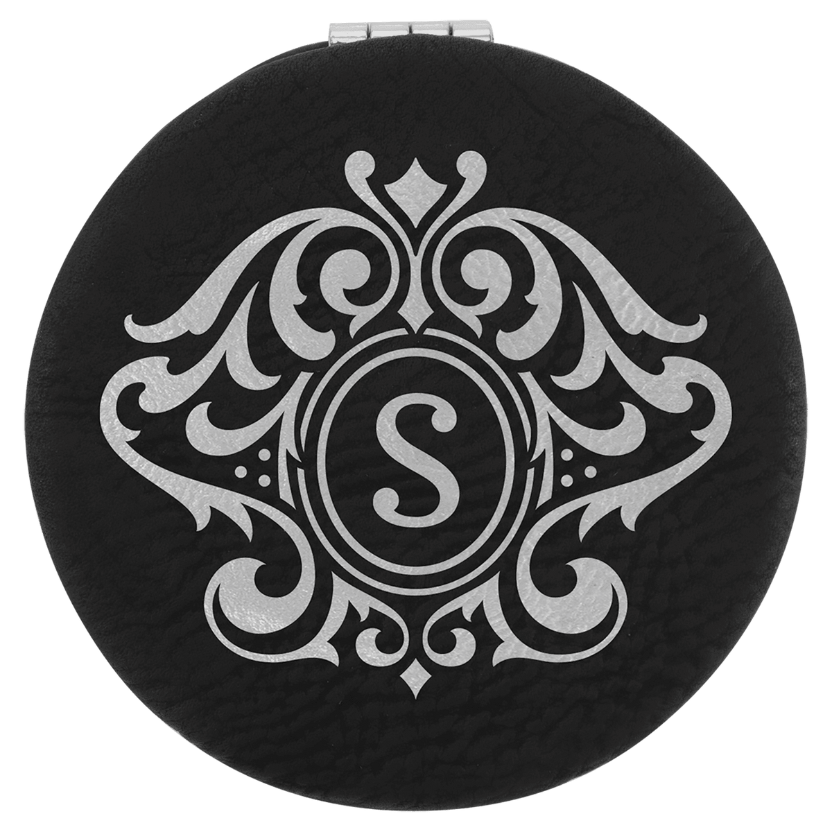 Black/Silver 2 1/2" Laserable Leatherette Compact Mirror