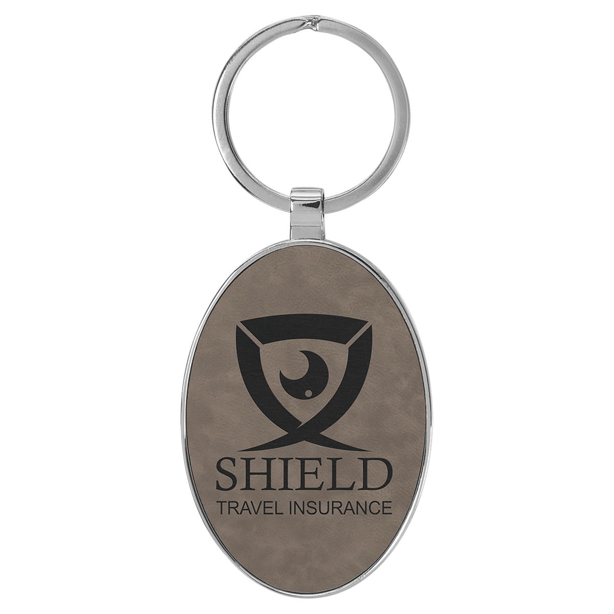 Gray 3" x 1 3/4" Laserable Leatherette/Metal Oval Keychain