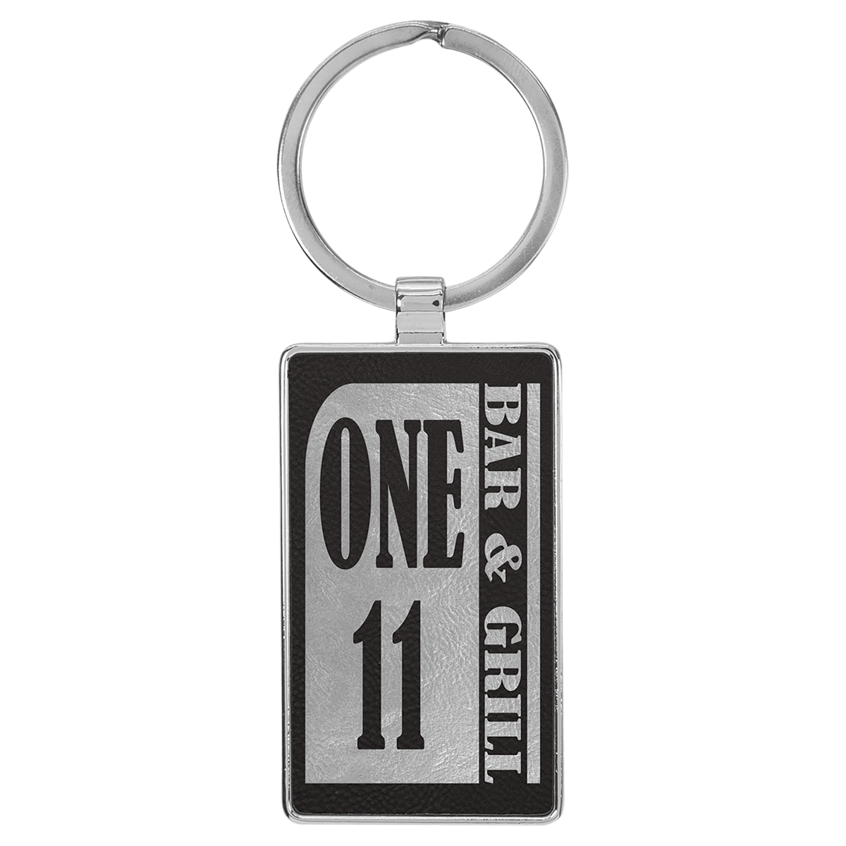 Black/Silver 2 3/4" x 1 1/4" Laserable Leatherette/Metal Rectangle Keychain