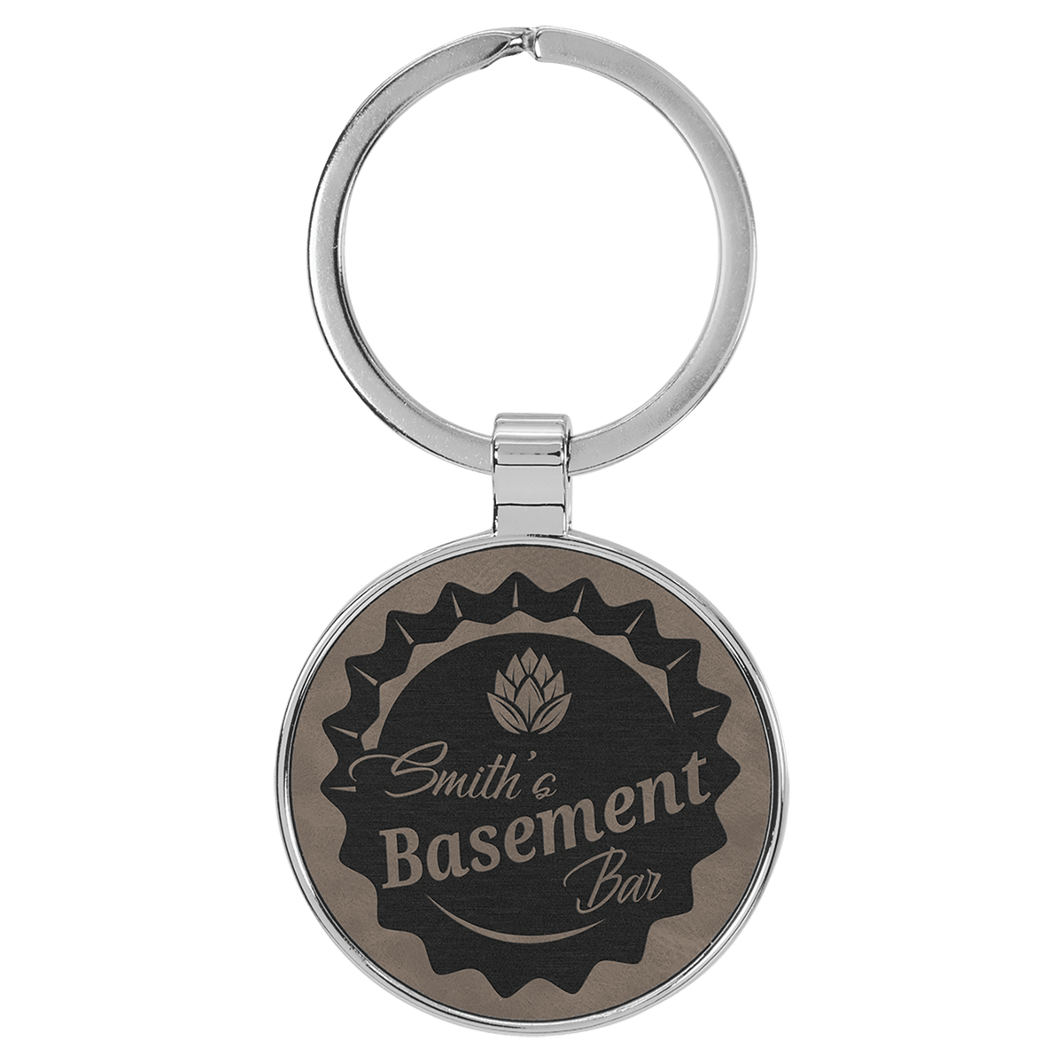 Gray 1 1/2" Laserable Leatherette/Metal Round Keychain