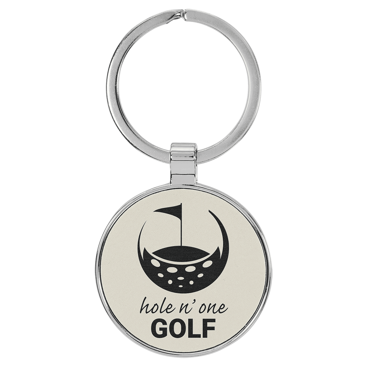 White 1 1/2" Laserable Leatherette/Metal Round Keychain
