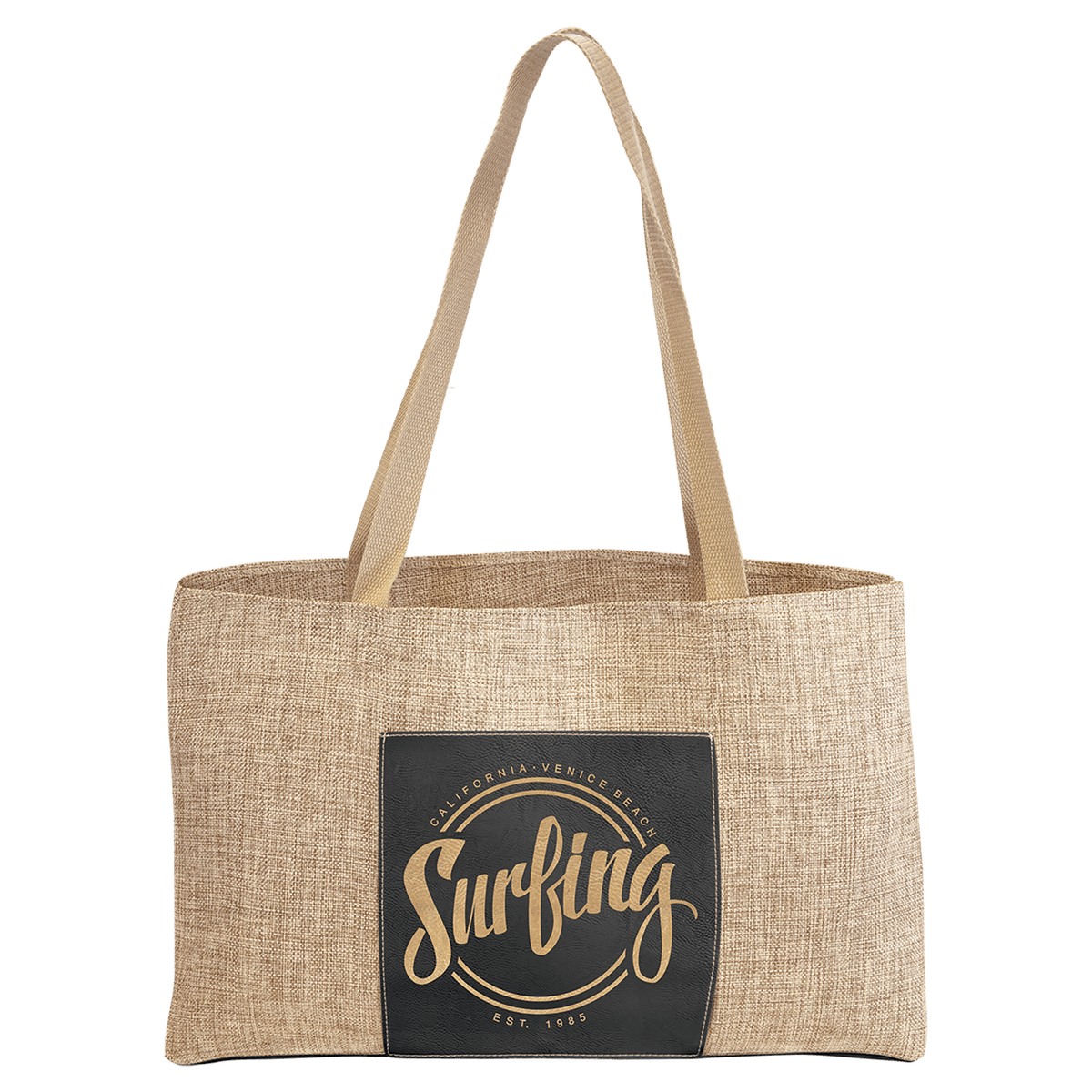 Black/Gold 19" x 12" Burlap Bag with 5" Laserable Leatherette Gusset