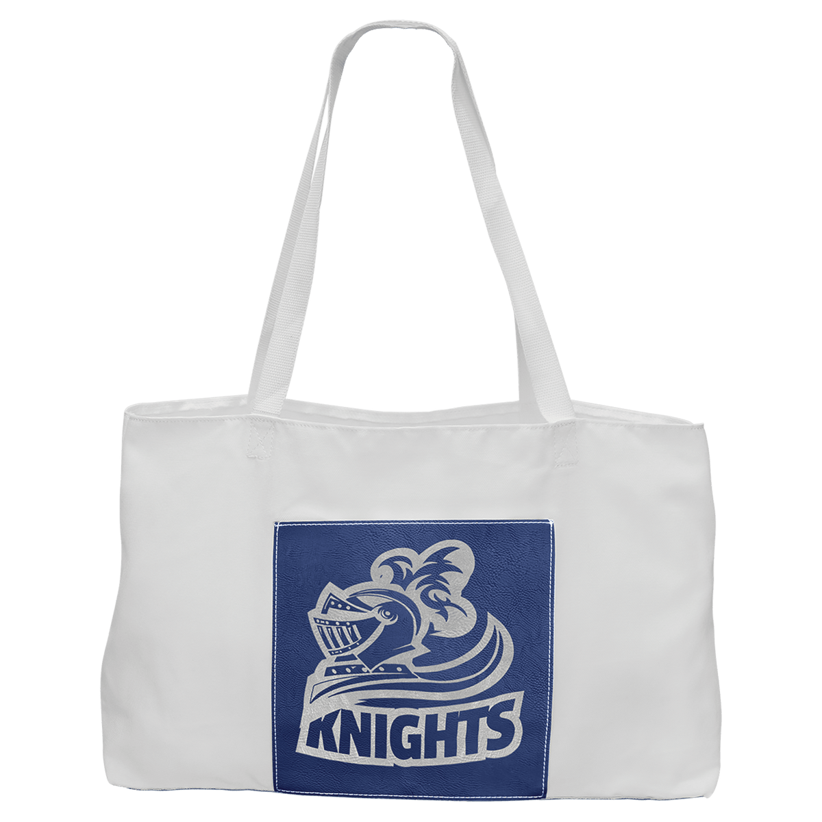 White Bag with 5" Blue/Silver 19" x 12" Laserable Leatherette Gusset