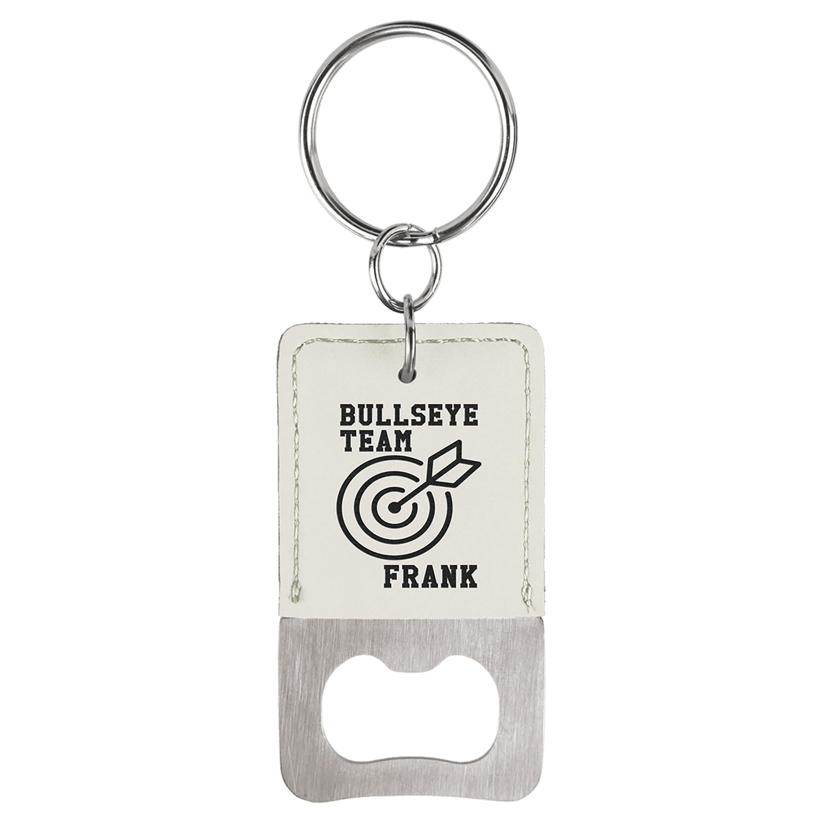 White Rectangle Laserable Leatherette Bottle Opener Keychain