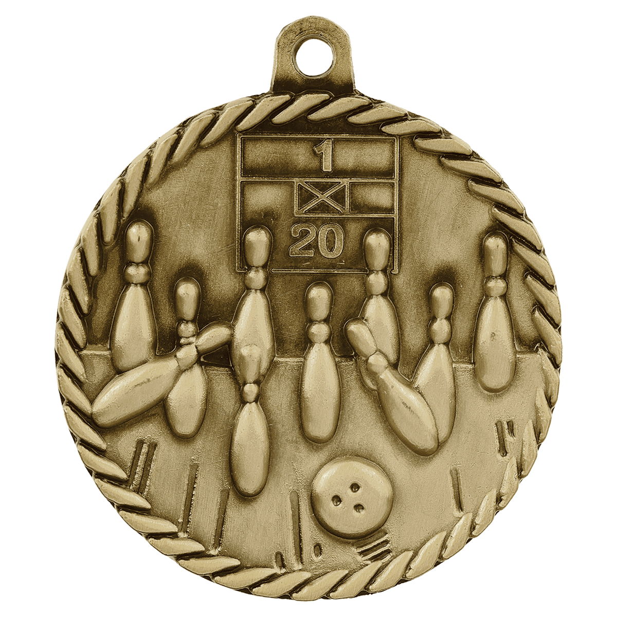 Antique Gold 2" Bowling High Relief Medal