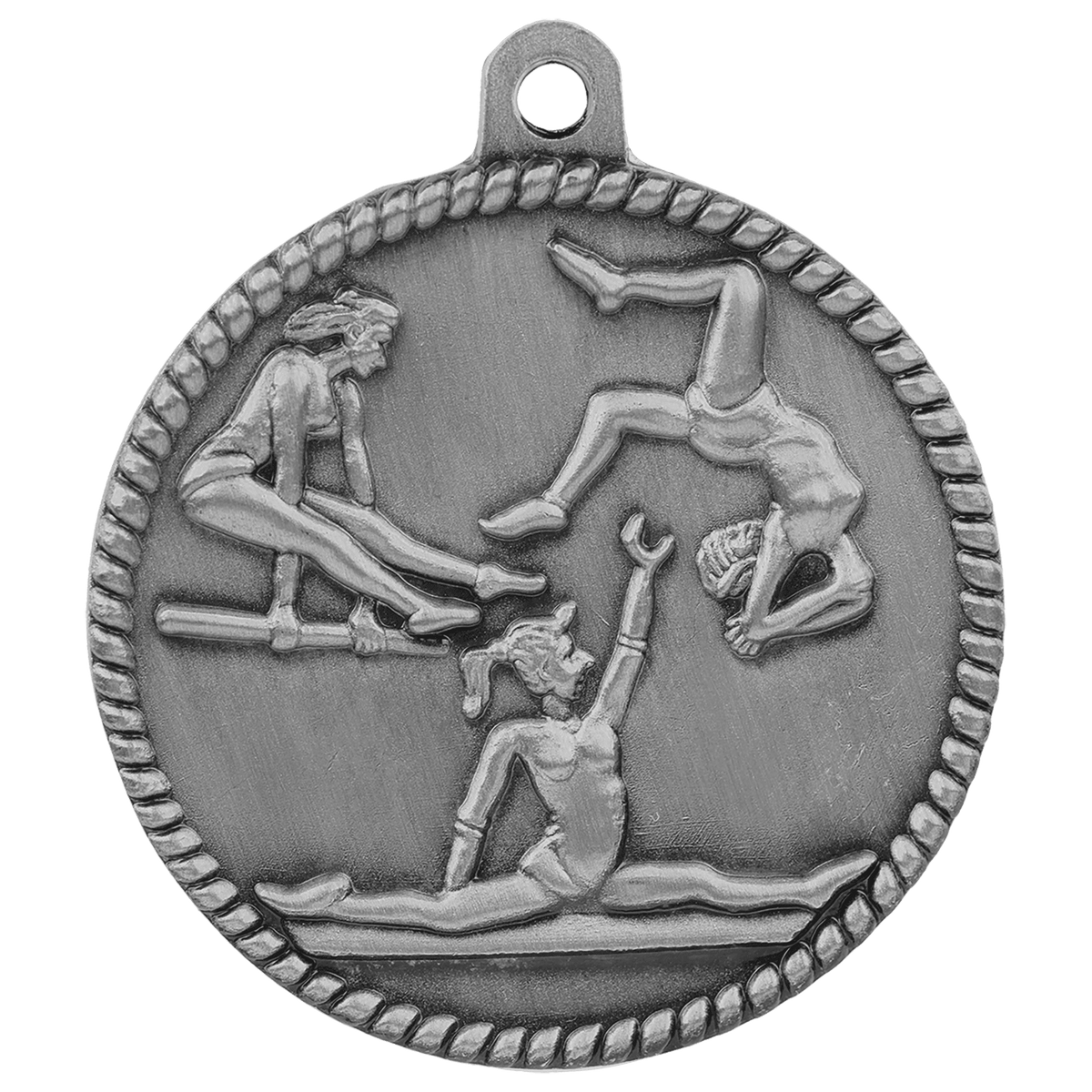Antique Silver 2" Female Gymnastics High Relief Medal