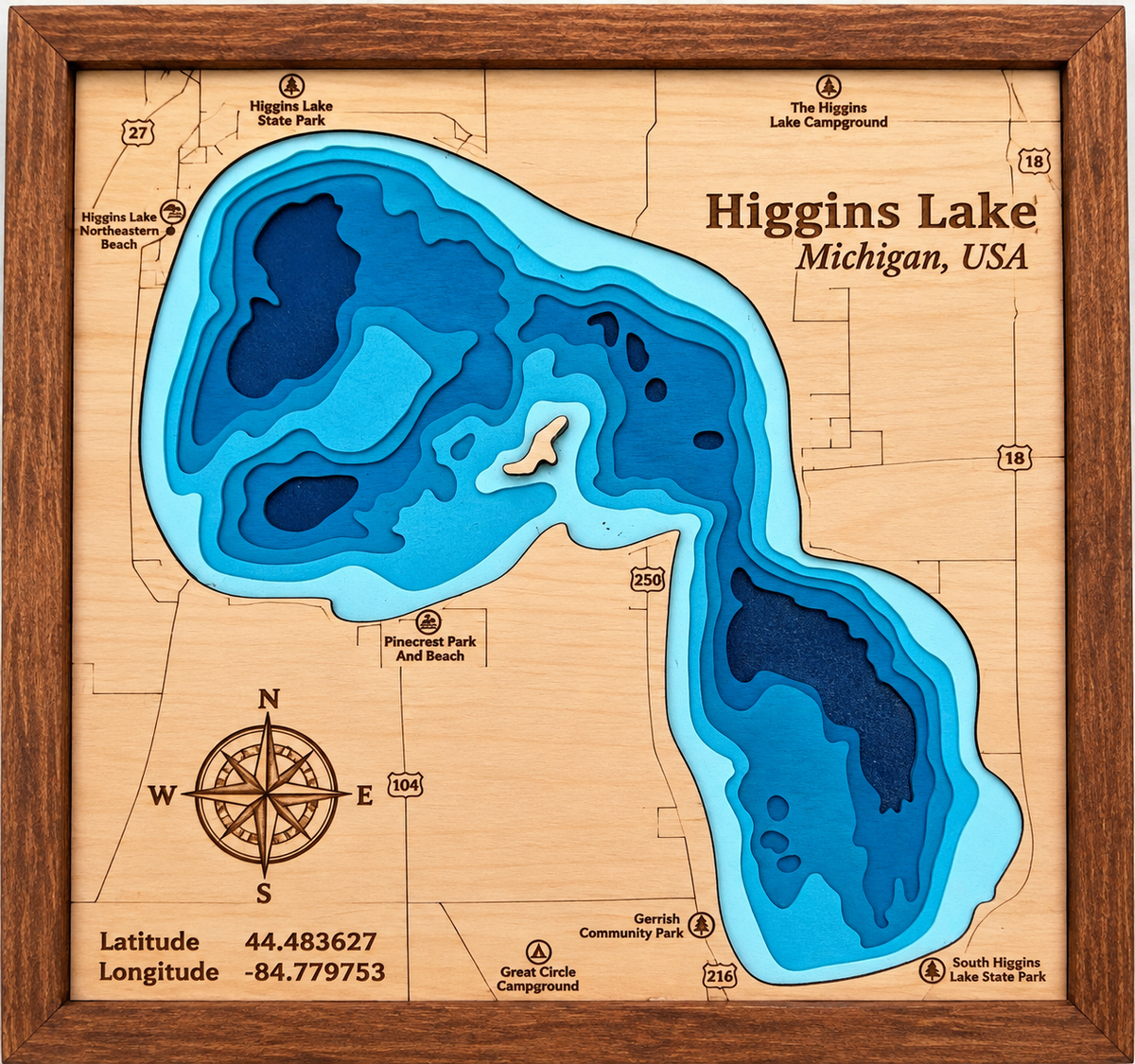 Higgins Lake Engraved Map