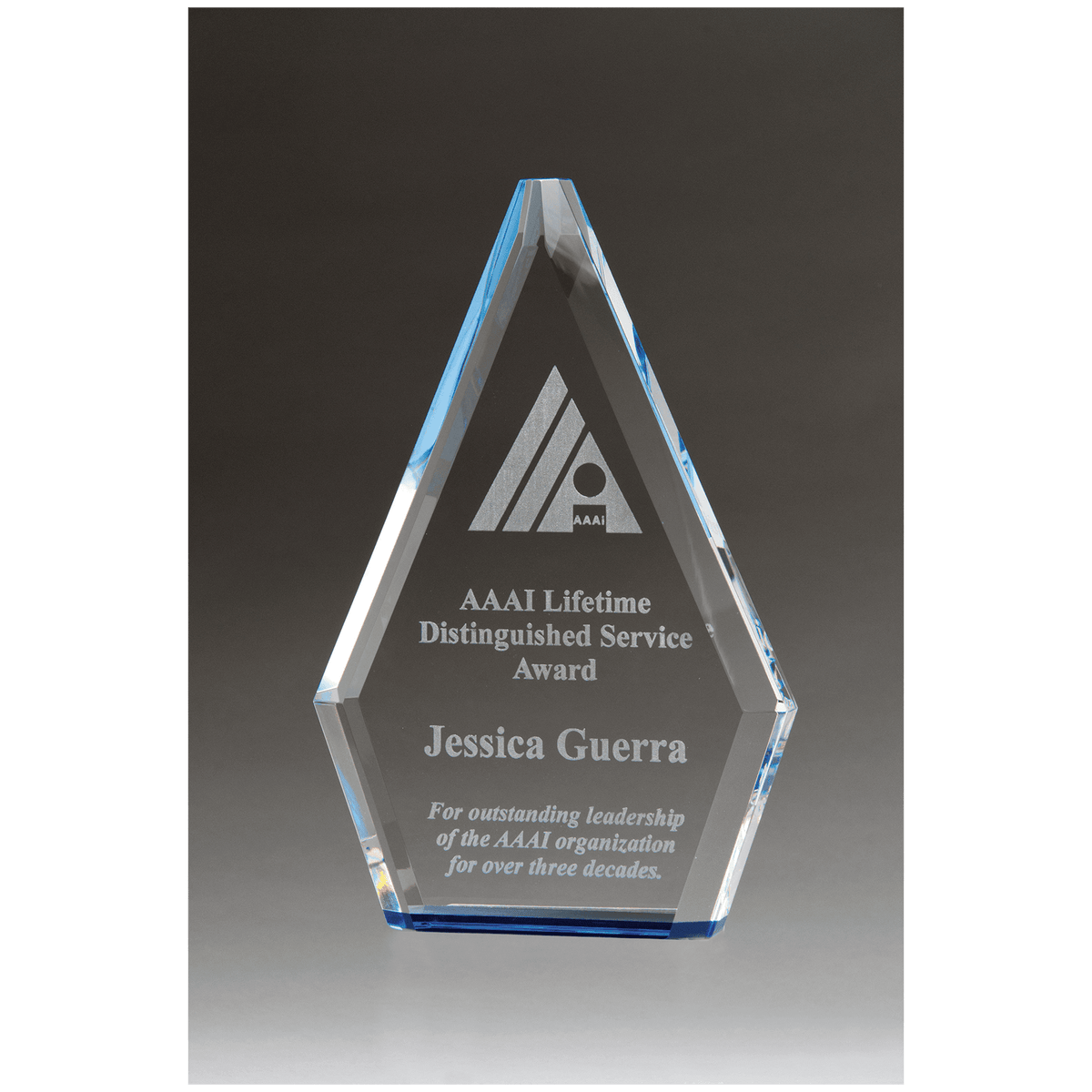 5 7/8" x 9" Flame Series Clear Crystal Award with Blue Accen ted Bottom