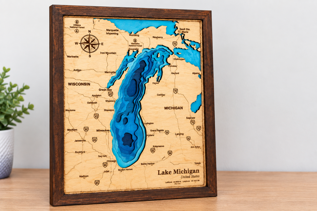 Lake Michigan Engraved Map