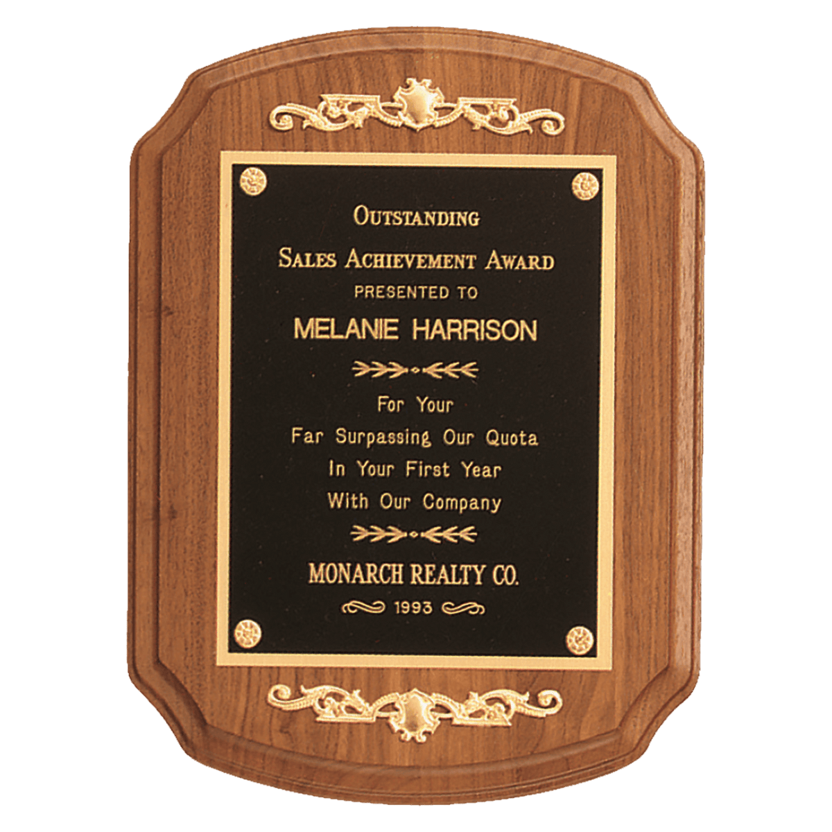 9" x 12" American Walnut Rounded, Scalloped Corner Plaque with Decorative Gold Scrolls and a Gold Border Black Laser Engravable Plate