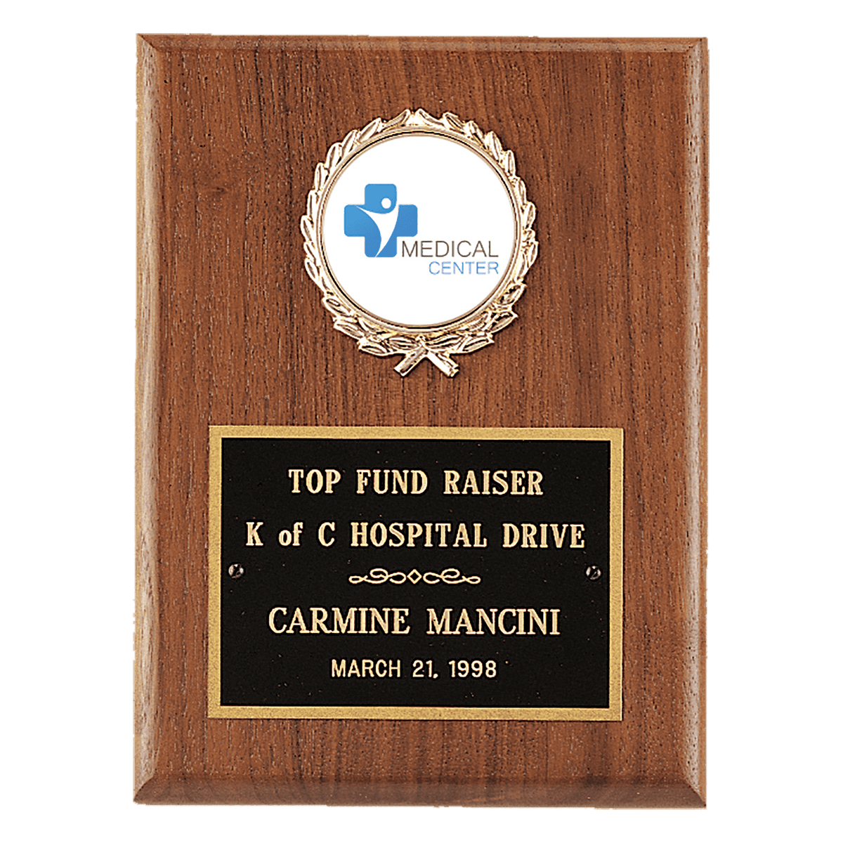 4 1/2" x 6" American Walnut Plaque with Gold Border Black Laserable Brass Plate and 2" Insert Holder- Witney Series (2" Inserts Sold Seperately)