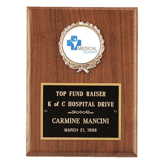 6" x 8" American Walnut Plaque with Gold Border Black Laserable Brass Plate and 2" Insert Holder- Witney Series (2" Inserts Sold Seperately)