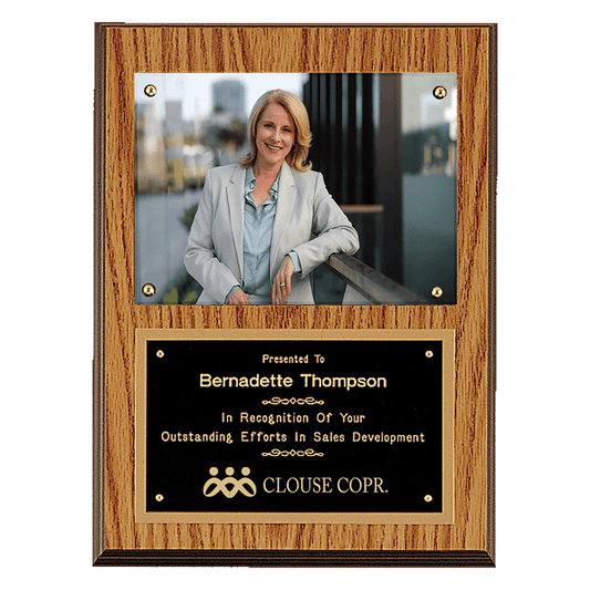 Oak Finish Photo Plaque with Black Brass 9" x 12" American Plates-Photo Size 5" x 7"