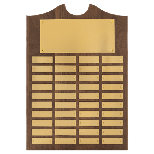 Walnut 40 Plate Perpetual Plaque with Brushed Brass 14" x 20"/Plates 7/8" x 2 3/4" American Plates