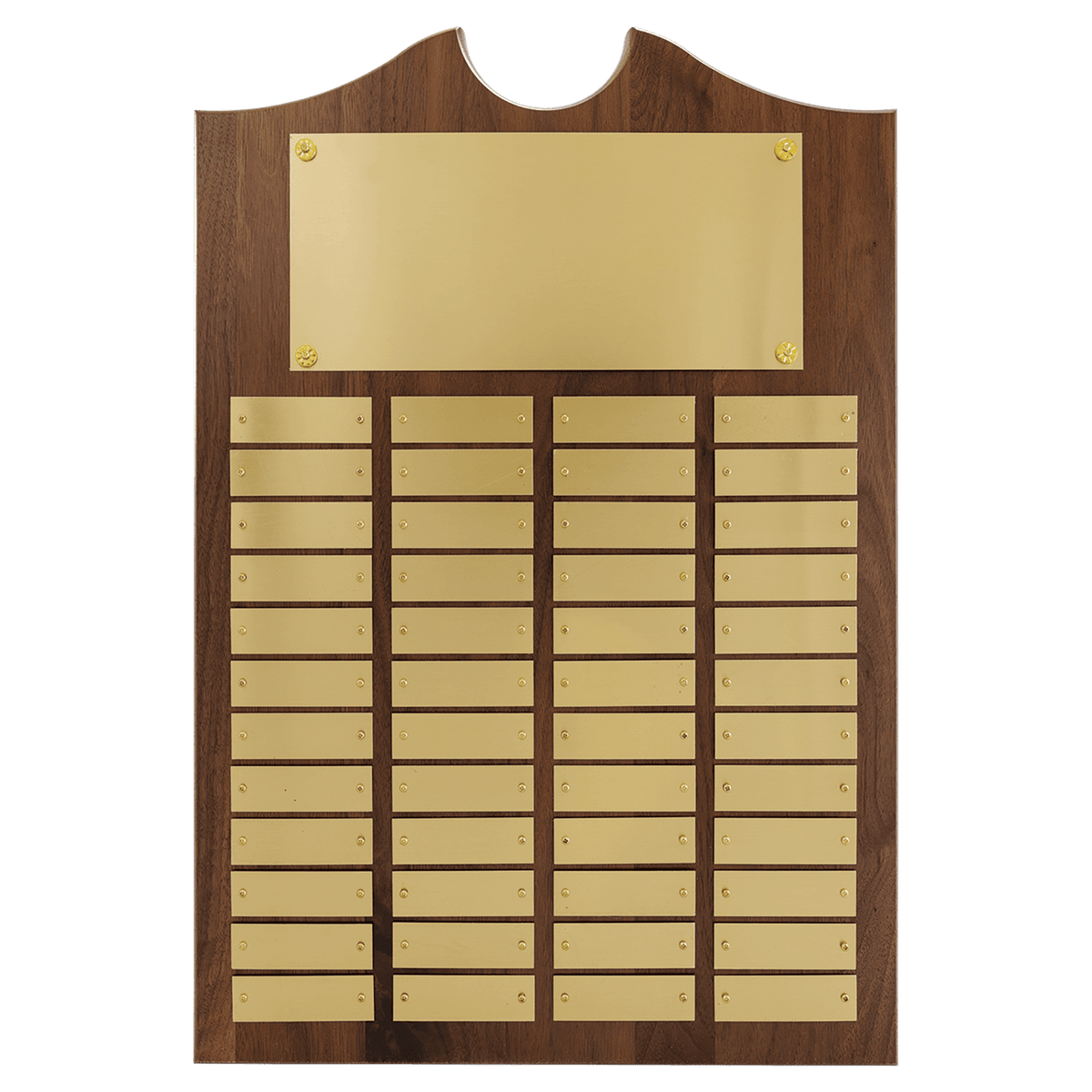 Walnut 48 Plate Perpetual Plaque with Brushed Brass 14" x 20"/Plates 7/8" x 2 3/4" American Plates