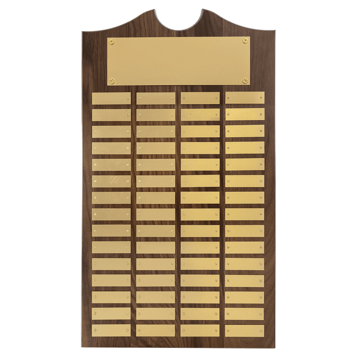 Walnut 60 Plate Perpetual Plaque with Brushed Brass 14" x 25"/Plates 7/8" x 2 3/4" American Plates