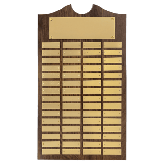 Walnut 60 Plate Perpetual Plaque with Brushed Brass 14" x 25"/Plates 7/8" x 2 3/4" American Plates