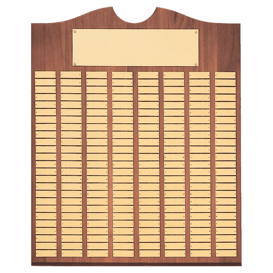 Walnut 72 Plate Perpetual Plaque with Brushed Brass 14" x 25"/Plates 7/8" x 2 3/4" American Plates