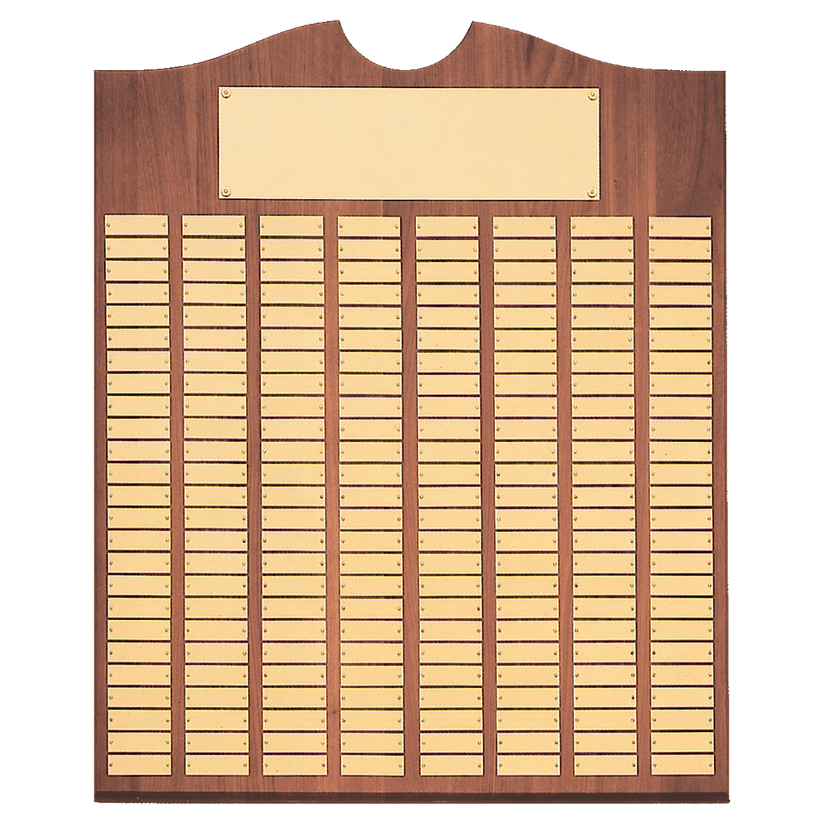 Walnut 150 Plate Perpetual Plaque with Brushed Brass 20" x 30"/Plates 7/8" x 2 3/4" American Plates