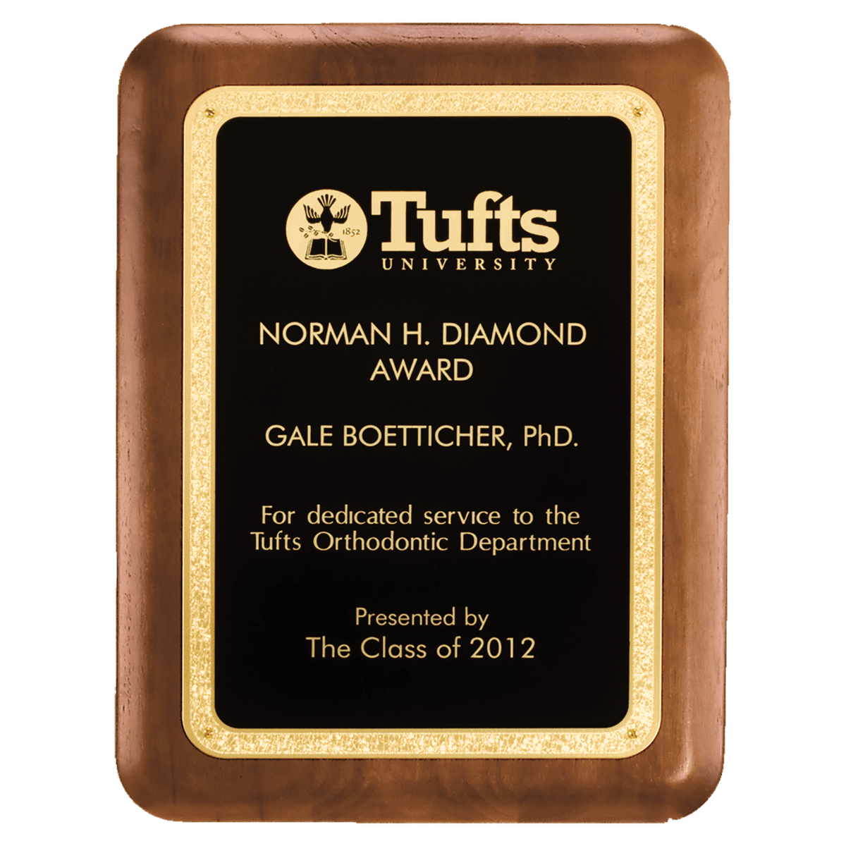 7" x 8" American Walnut Plaque with Textured Black LaserFX Plate with Gold Florentine Border