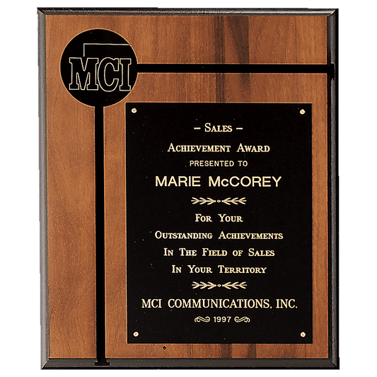 12" x 14" American Walnut Routed Plaque w/Black Brass Plate and 2 1/2" Black Brass Disc