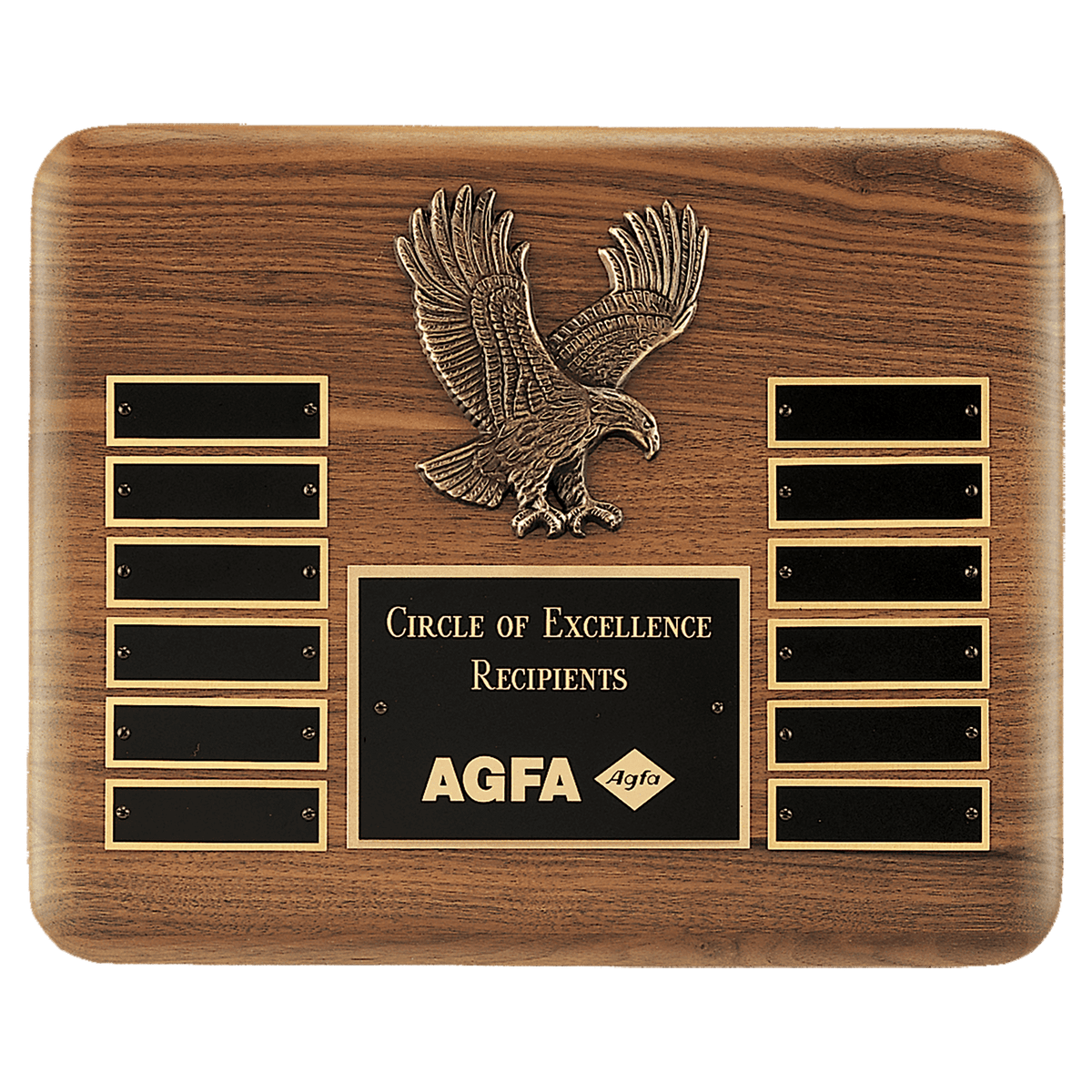13" X 10 1/2" Solid American Walnut Plaque with Finely Detailed Antique Bronze Eagle Casting and Black LaserFX Header and 12 Perpetual Plates